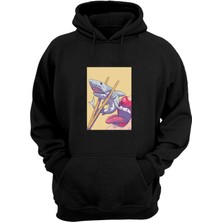 The Wert Unisex Köpek Balığı Suşi Baskılı Siyah Normal Kalıp Şardonlu Kalın Sweatshirt