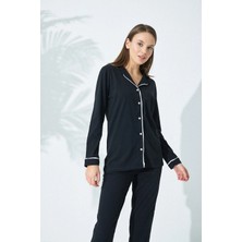 Siyah İnci Beyaz Şeritli Biyeli ve Düğmeli Kadın Pijama Takımı