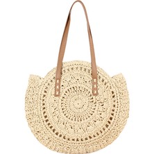 Sunshinee Moda Dokuma Çanta Kadın Yuvarlak Plaj Omuz Çantası Vintage Hasır Çanta Kadın Crossbody Kolu Çanta Kadın Çantası-Bej Beyaz (Yurt Dışından)