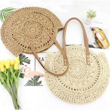 Sunshinee Moda Dokuma Çanta Kadın Yuvarlak Plaj Omuz Çantası Vintage Hasır Çanta Kadın Crossbody Kolu Çanta Kadın Çantası-Bej Beyaz (Yurt Dışından)