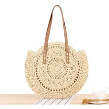 Sunshinee Moda Dokuma Çanta Kadın Yuvarlak Plaj Omuz Çantası Vintage Hasır Çanta Kadın Crossbody Kolu Çanta Kadın Çantası-Bej Beyaz (Yurt Dışından)