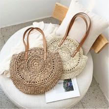 Sunshinee Moda Dokuma Çanta Kadın Yuvarlak Plaj Omuz Çantası Vintage Hasır Çanta Kadın Crossbody Kolu Çanta Kadın Çantası-Bej Beyaz (Yurt Dışından)