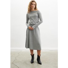 Peraluna Styleboom x Peraluna Mayfaır Dress Yaka Büzgü Detaylı Tek Omuz Açık Kadın Triko Elbise - Gri Melanj
