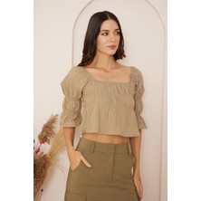 Darlin Moda Haki Büzgülü Crop Bluz DM7001