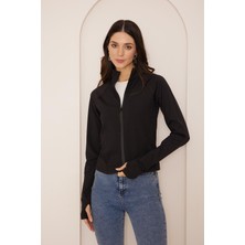 Darlin Moda Kadın Siyah Dik Yaka Fermuarlı Spor Ceket DM10000