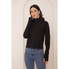 Darlin Moda Kadın Siyah Dik Yaka Fermuarlı Spor Ceket DM10000