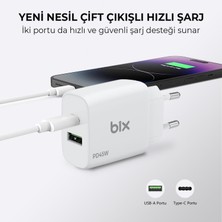 Bix BX2P45G Gan Pd 45W Type-C ve Usb-A Qc Pps Çift Portlu Akım Korumalı Hızlı Şarj Cihazı Beyaz iPhone Samsung Laptop Tablet Akıllı Saat ve Daha Fazlasıyla Uyumlu