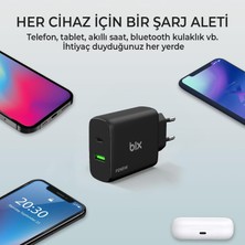 Bix BX2P65G Gan Pd 65W Type-C ve Usb-A Qc Çift Portlu Akım Korumalı Hızlı Şarj Cihazı Siyah