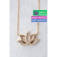 Jewelmim Lotus Çiçeği Gümüş Kolye 18 Ayar Sarı Altın Kaplama Lotus Çiçeği Kolyesi 925 Ayar Gümüş Kadın Kolye | Bayan Zirkon Taşlı Lotus Kamelya Çiçeği Gold Kadın Gümüş Kolye