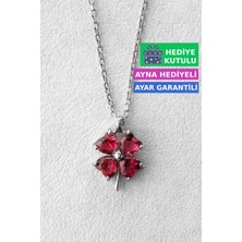 Jewelmim Gümüş Yakut Kırmızı Taşlı Kadın Yonca Kolye 18 Ayar Beyaz Altın Kaplama Şans Yoncası 925 Ayar Gümüş Kadın Kolye | Bayan 4 Dört Yapraklı Yonca Zirkon Taşlı Gümüş Yoncalı Kolye Yonca Kolyesi