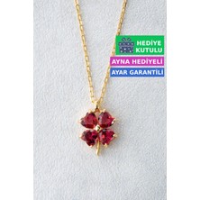 Jewelmim Gümüş Yakut Kırmızı Taşlı Kadın Yonca Kolye 18 Ayar Sarı Altın Kaplama Şans Yoncası 925 Ayar Gümüş Kadın Kolye | Bayan 4 Dört Yapraklı Yonca Zirkon Taşlı Gümüş Yoncalı Kolye Yonca Kolyesi