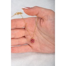 Jewelmim Gümüş Yakut Kırmızı Taşlı Kadın Yonca Kolye 18 Ayar Sarı Altın Kaplama Şans Yoncası 925 Ayar Gümüş Kadın Kolye | Bayan 4 Dört Yapraklı Yonca Zirkon Taşlı Gümüş Yoncalı Kolye Yonca Kolyesi