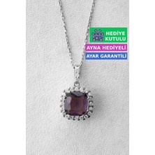 Jewelmim Gümüş Ametist Mor Renkli Prenses Kare Taşlı Kolye 18 Ayar Beyaz Altın Kaplama Prenses Kolyesi 925 Ayar Gümüş Kadın Kolye | Bayan Prenses Kesim Sallantılı Zirkon Taşlı Kadın Gümüş Kolye