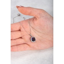 Jewelmim Gümüş Ametist Mor Renkli Prenses Kare Taşlı Kolye 18 Ayar Beyaz Altın Kaplama Prenses Kolyesi 925 Ayar Gümüş Kadın Kolye | Bayan Prenses Kesim Sallantılı Zirkon Taşlı Kadın Gümüş Kolye