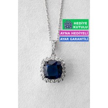 Jewelmim Gümüş Safir Mavi Renkli Prenses Kare Taşlı Kolye 18 Ayar Beyaz Altın Kaplama Prenses Kolyesi 925 Ayar Gümüş Kadın Kolye | Bayan Prenses Kesim Sallantılı Zirkon Taşlı Kadın Gümüş Kolye