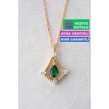 Jewelmim Zümrüt Yeşil Renkli Taşlı 18 Ayar Sarı Altın Kaplama Gümüş Yeşil Damla Kolye 925 Ayar Gümüş Kadın Kolye | Bayan Zirkon Yeşil Taşlı Su Damlası Altın Kaplama Damla Taş Gold Kadın Gümüş Kolye