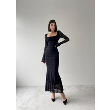 Concon Moda Matilda Dantel Uzun Siyah Elbise