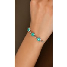 Roza Silver Paraiba Taşlı Rodyum Yuvarlak Anturaj Gümüş Bileklik