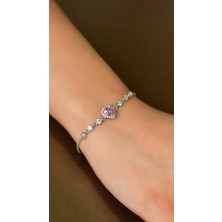 Roza Silver Pembe Taşlı Rodyum Kalp Anturaj Gümüş Bileklik