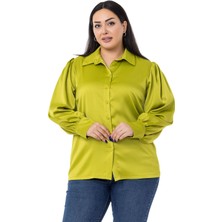 Disentis Modest Büyük Beden Manşeti ve Kol Tepesi Büzgülü Saten Fıstık Yeşili Gömlek