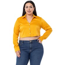 Disentis Modest Büyük Beden Saten Manşetli Hardal Crop Gömlek