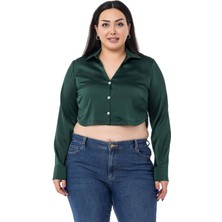 Disentis Modest Büyük Beden Saten Manşetli Zümrüt Crop Gömlek