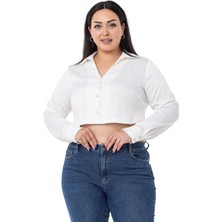 Disentis Modest Büyük Beden Saten Manşetli Beyaz Crop Gömlek