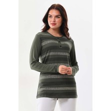 Sistas Kadın Desenli Bisiklet Yaka Uzun Kol Bluz 23596 Yeşil