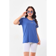 Sistas Kadın Zebra Desenli Kısa Kol Bluz 23118 Indigo