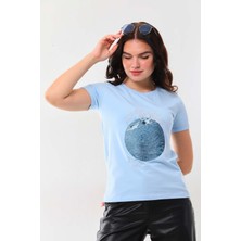 Sistas Kadın Pamuklu Baskı Detaylı Kısa Kol Bluz 23014 Mavi