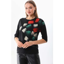 Sistas Kadın Desenli Bisiklet Yaka Bluz 23582 Antrasit