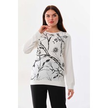 Sistas Kadın Desenli Bisiklet Yaka Uzun Kol Bluz 23508 Ekru