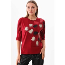 Sistas Kadın Desenli Bisiklet Yaka Bluz 23582 Bordo