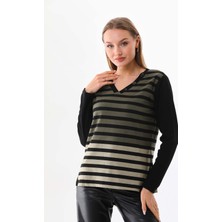 Sistas Kadın Çizgili Yandan Yırtmaçlı V Yaka Bluz 23558 Yeşil