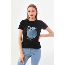 Sistas Kadın Pamuklu Baskı Detaylı Kısa Kol Bluz 23014 Siyah