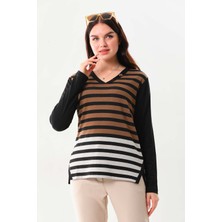 Sistas Kadın Çizgili Yandan Yırtmaçlı V Yaka Bluz 23558 Kahverengi