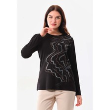 Sistas Kadın Desenli Bisiklet Yaka Uzun Kollu Bluz 23636 Siyah