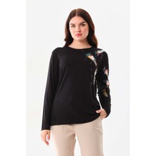 Sistas Kadın Desenli Bisiklet Yaka Uzun Kol Bluz 23598 Siyah