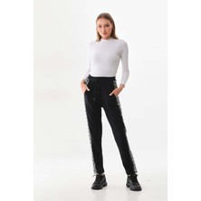 Sistas Kadın Yanları Desenli Belden Bağlamalı Rahat Form Pantolon 23863 Siyah