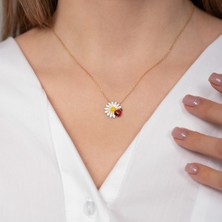 Hom Silver Jewelry 925 Ayar Gümüş Uğur Böceği Motifli Papatya Desenli Kadın Kolye HSJ0051