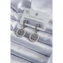 E-Bijuteri Çelik Gümüş Renk Zirkon Taşlı Kelebek Işleme Kadın Küpe