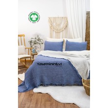 Yaseminin Evi Indigo - Ekru Battal + 2 Yastık Kılıflı Müslin Yatak Örtüsü