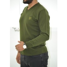 Miwan Collection Erkek V Yaka Haki Slim Fit Triko Kazak