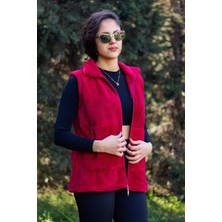 Azıcık Akıllı Kadın Bordo Kırmızı Dik Yaka Kalın Peluş Fermuarlı Yelek 24KYLKK215