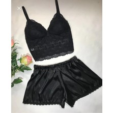 Larisa Cosmetics Siyah Saten Şortlu Bralet Takım