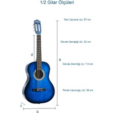 Midex CG-34BL-PAK Kaliteli 34 İnç 1/2 Juniur Çocuk Gitarı Seti 4-8 Yaş Arası + Tuner Çanta Capo Askı Nota Sticker Pena Metod