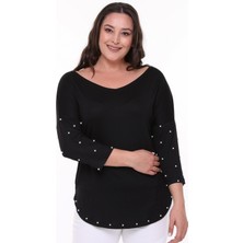 Büyük Beden Inci Detaylı Geniş V Yaka Yarım Kol Oval Yırtmaç Bluz