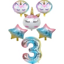 Best Parti Unicorn Karakter  Rakamlı Yıldızlı Folyo Balon Seti Yaş 3