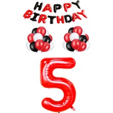 Best Parti Siyah Kırmızı Happy Bırthday Kırmızı Rakam Folyo ve Late x  Balon Seti Yaş 5