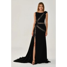 ALFABETA Sıfır Yaka Taş Detaylı Kolsuz Siyah Kadın Abiye 2246370